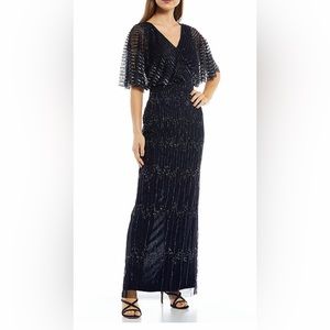 Adrianna Papell Beaded Blouson Short Flutter Sleeve V-Neck Gown